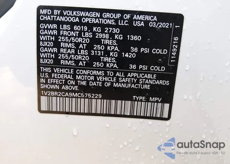 2021 Volkswagen Atlas 3.6L V6 Sel z USA, uszkodzony, nr VIN 1V2BR2CA9MC575229